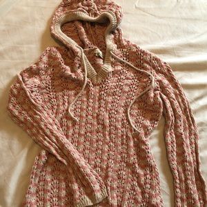 Hooded Open knit striped sweater
